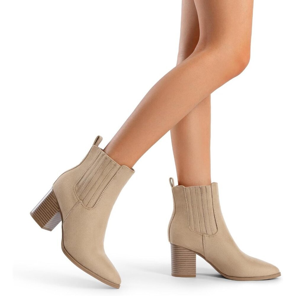 Women's Nude Pointed Toe Ankle Boots Chunky Block Heel Bootie Fall - Picture 2 of 8